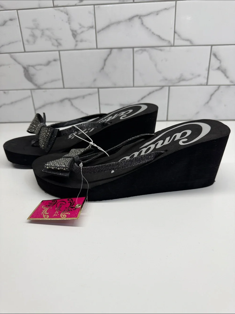 Candie's Black Rhinestone Bow Flip Flops with heel